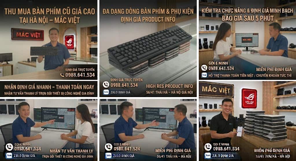 thu mua bàn phím cũ giá cao tại Hà Nội cùng em Minh Mác Việt. Chuyên thu mua bàn phím cơ Custom, AKKO, Keychron, Corsair, Logitech, Apple Magic Keyboard cũ hỏng tận nơi. Báo giá Zalo 0988641534 nhanh chóng!