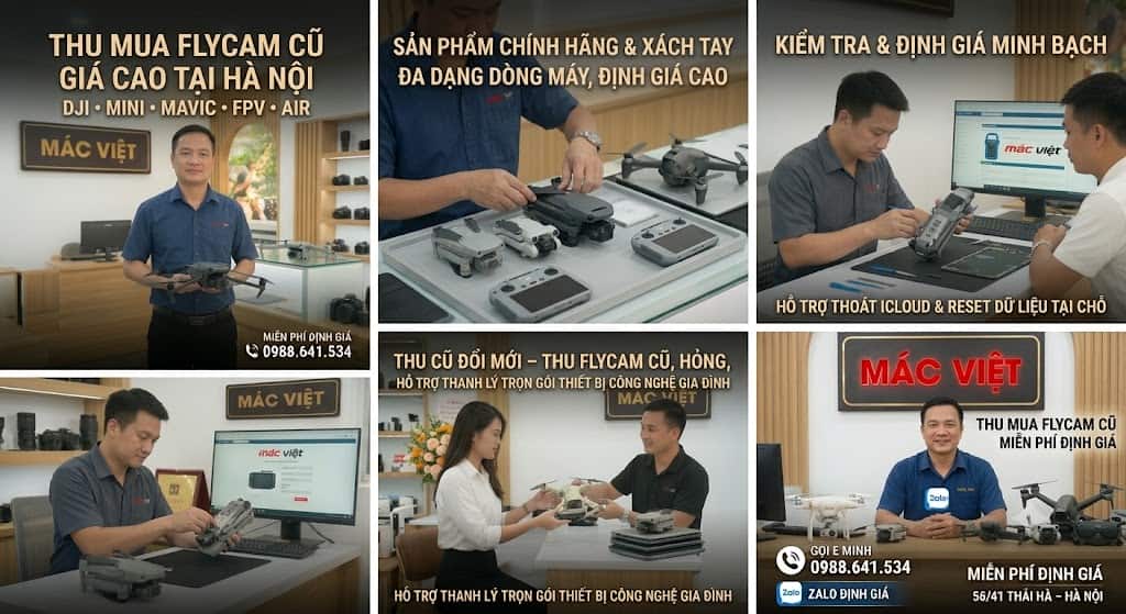 quy trình Dịch vụ thu mua Flycam cũ giá cao tại Hà Nội cùng em Minh Mác Việt. Chuyên thu mua Flycam DJI Mavic, Mini, Air, Avata, Phantom, Autel cũ hỏng, rơi nước tận nơi. Báo giá Zalo 0988641534 nhanh chóng!