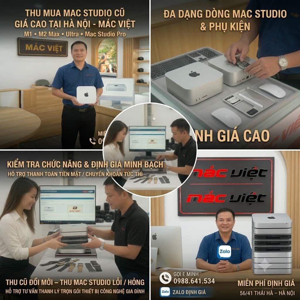 thu mua Mac Studio cũ giá cao tại Hà Nội cùng em Minh Mác Việt. Chuyên thu mua Mac Studio M1 Max, M1 Ultra, M2 Max, M2 Ultra, M3/M4 cũ hỏng, MDM, dính iCloud tận nơi. Báo giá Zalo 0988641534 nhanh chóng!