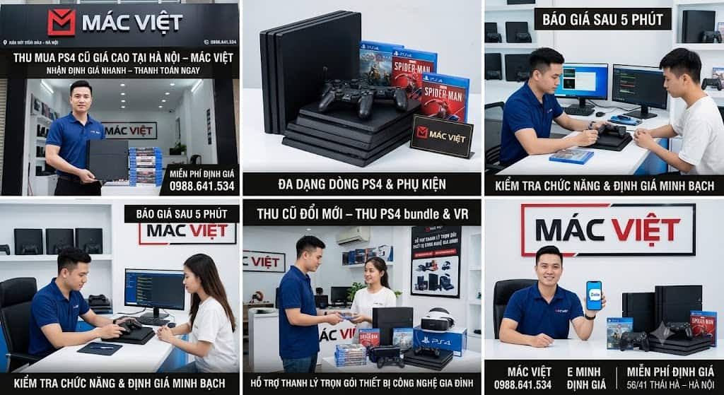 quy trình và Dịch vụ thu mua máy PS4 cũ giá cao tại Hà Nội cùng em Minh Mác Việt. Chuyên thu mua PS4 Fat, PS4 Slim, PS4 Pro, máy hack, đĩa game, tay cầm cũ hỏng tận nơi. Báo giá Zalo 0988641534 nhanh chóng!