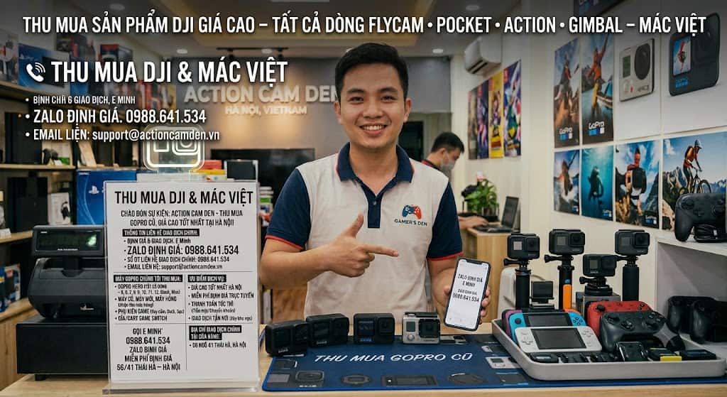thu mua thiết bị DJI cũ giá cao tại Hà Nội cùng em Minh Mác Việt. Chuyên thu mua Flycam Flycam Mini, Air, Mavic, Osmo Pocket, Action, Gimbal Ronin cũ hỏng tận nơi. Báo giá Zalo 0988641534 nhanh chóng!